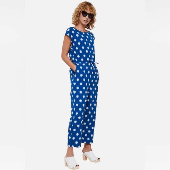 Gorman Blue Size 8 women Jumpsuit Denim Dot Wide Leg Tie in waist Sleeveless - Picture 1 of 16